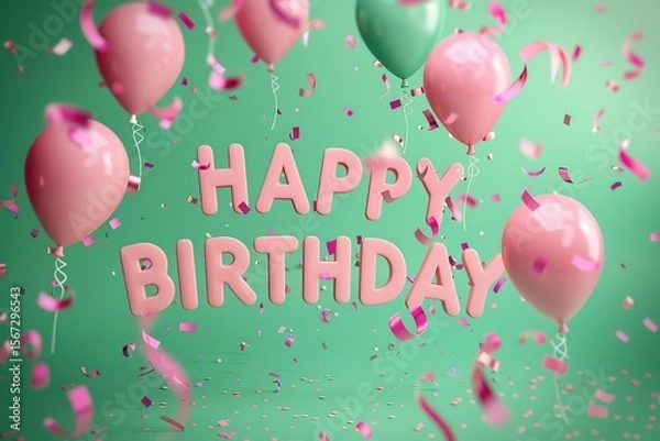 Fototapeta Happy Birthday Greeting Card with Balloons, Confetti and Ribbon, Ai Generated