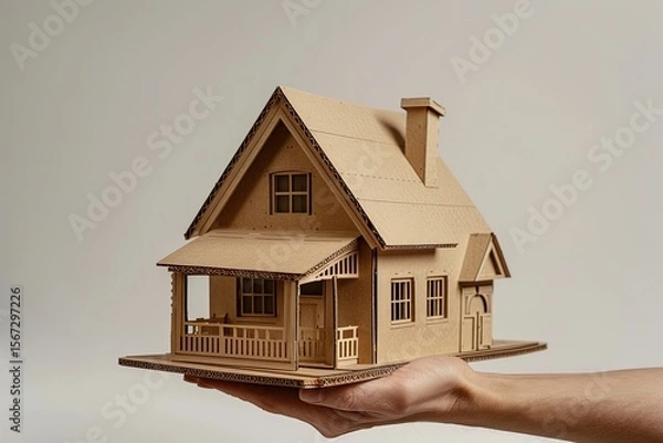 Fototapeta Model of house in hand on gray background, Ai Generated