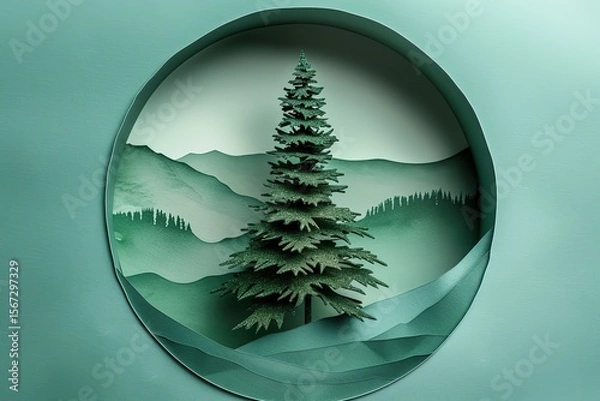 Fototapeta Pine tree in a circle with mountains and forest in the background, Ai generated