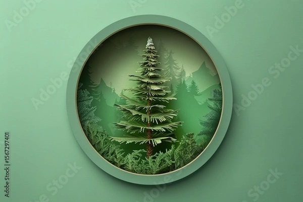 Fototapeta Pine tree in round frame on green background, Ai generated