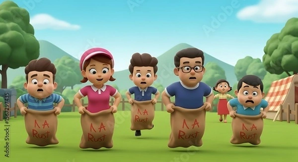 Fototapeta Family Fun Hilarious Sack Race Adventure Animation