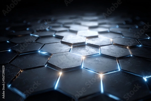 Obraz Shield Pattern Background in Matte Titanium. Hexagonal Protective Armor Texture with Subtle blue Energy