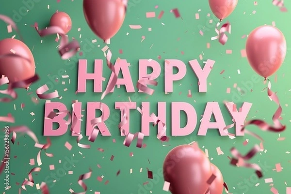 Fototapeta Happy Birthday typography with balloons and confetti, Ai Generated