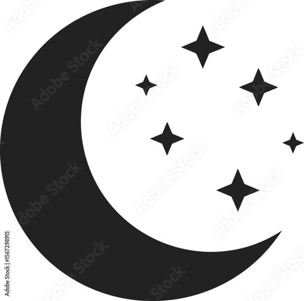 Fototapeta A simple graphic illustration featuring a crescent moon and several stars.