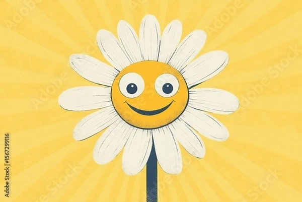 Fototapeta Smiling daisy on a yellow background with rays. Vector illustration, Ai Generated