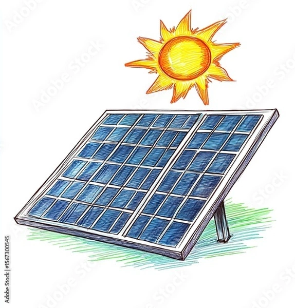 Fototapeta Solar panel, hand drawn illustration, vector on white background, Ai Generated