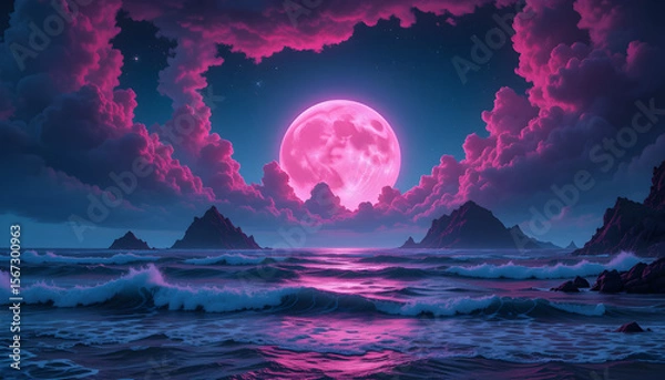 Obraz Fantasy Ocean Landscape with Glowing Full Moon, Pink Clouds, Rocky Mountains, and Magical Night Sky Over a Dreamy Violet Sea