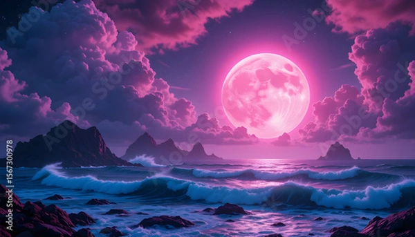 Obraz Fantasy Ocean Landscape with Glowing Full Moon, Pink Clouds, Rocky Mountains, and Magical Night Sky Over a Dreamy Violet Sea