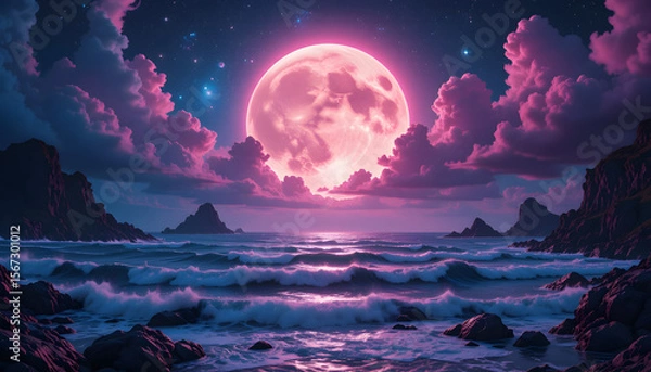 Obraz Fantasy Ocean Landscape with Glowing Full Moon, Pink Clouds, Rocky Mountains, and Magical Night Sky Over a Dreamy Violet Sea