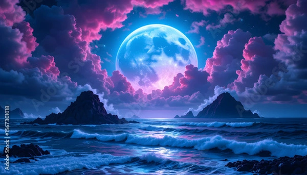 Obraz Fantasy Ocean Landscape with Glowing Full Moon, Pink Clouds, Rocky Mountains, and Magical Night Sky Over a Dreamy Violet Sea