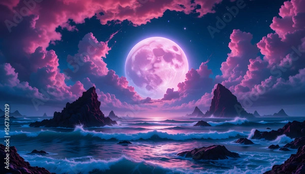 Obraz Fantasy Ocean Landscape with Glowing Full Moon, Pink Clouds, Rocky Mountains, and Magical Night Sky Over a Dreamy Violet Sea
