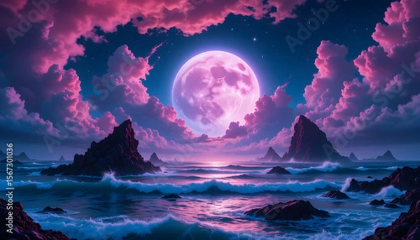Obraz Fantasy Ocean Landscape with Glowing Full Moon, Pink Clouds, Rocky Mountains, and Magical Night Sky Over a Dreamy Violet Sea