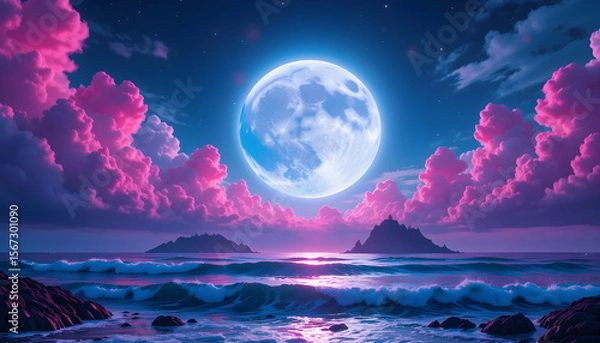 Obraz Fantasy Ocean Landscape with Glowing Full Moon, Pink Clouds, Rocky Mountains, and Magical Night Sky Over a Dreamy Violet Sea