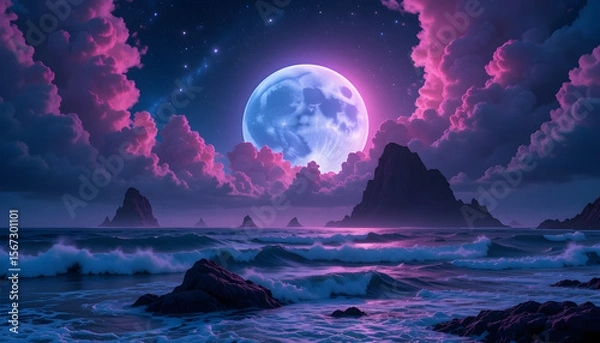 Obraz Fantasy Ocean Landscape with Glowing Full Moon, Pink Clouds, Rocky Mountains, and Magical Night Sky Over a Dreamy Violet Sea