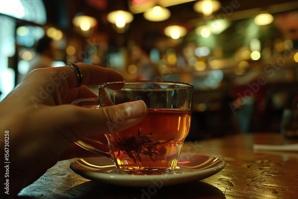 Fototapeta Woman's hand holding cup of tea on wooden table in pub, closeup, Ai generated
