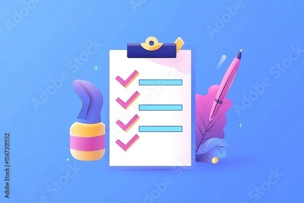 Fototapeta Approved checklist with pen on blue background, Vector illustration, Ai Generated