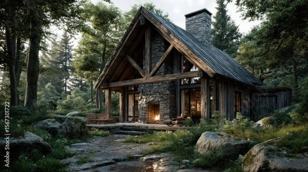 Obraz Rustic Log Cabin nestled in a lush green forest, showcasing a stone fireplace and tranquil surroundings