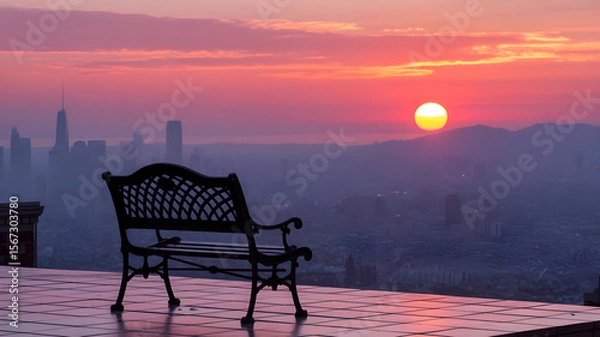 Obraz Vibrant Urban Sunset with Silhouetted Cityscape, Construction Crane, Flying Birds, and Glowing Sun Behind a Distant Mountain