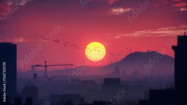 Obraz Vibrant Urban Sunset with Silhouetted Cityscape, Construction Crane, Flying Birds, and Glowing Sun Behind a Distant Mountain