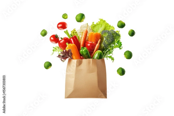 Obraz Brown paper bag overflowing with colorful fresh vegetables, with scattered sprouts