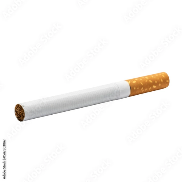 Obraz A single, unlit cigarette with a white paper body and a brown filter. Often associated with smoking, addiction, or health risks.
