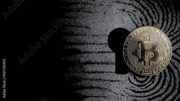 Fototapeta Bitcoin coin placed on fingerprint pattern symbolizes intersection of digital currency and cybersecurity, highlighting data privacy concerns in fintech