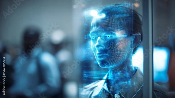 Fototapeta AI facial recognition system scanning a person at an airport security gate with glowing interface