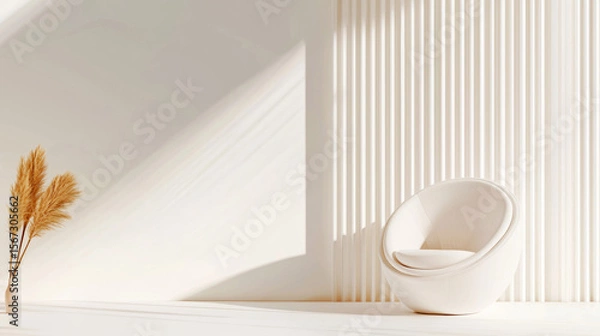 Fototapeta Minimalist modern interior with sleek white furniture, soft lighting, and a subtle nature accent, creating a serene and cozy space with clean lines and a calming atmosphere