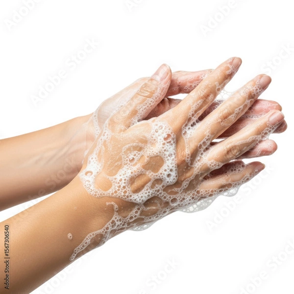 Fototapeta Close up of hands being washed with white soap suds, emphasizing hygiene and cleanliness. Ideal for health, sanitation, and personal care concepts.