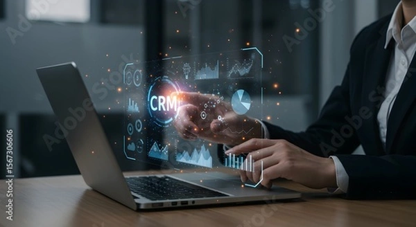 Fototapeta A businessperson interacting with a laptop showing data points related to crisis management and analysis.