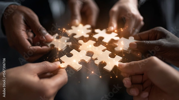 Fototapeta Close-up of multiracial team hands putting together jigsaw puzzle pieces with glowing lines symbolizing communication and innovation