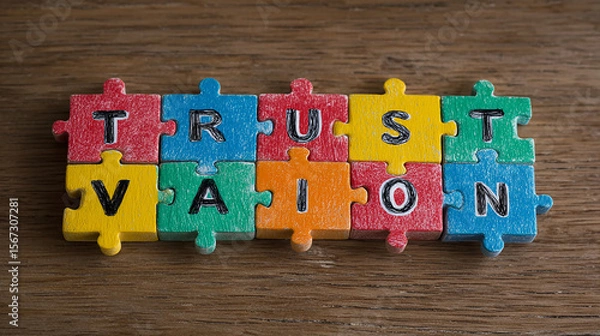 Fototapeta Flat lay of multicolor puzzle pieces on desk with keywords like 'trust', 'team', 'goals', and 'vision' written on each piece