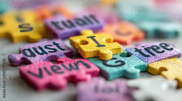 Fototapeta Flat lay of multicolor puzzle pieces on desk with keywords like 'trust', 'team', 'goals', and 'vision' written on each piece