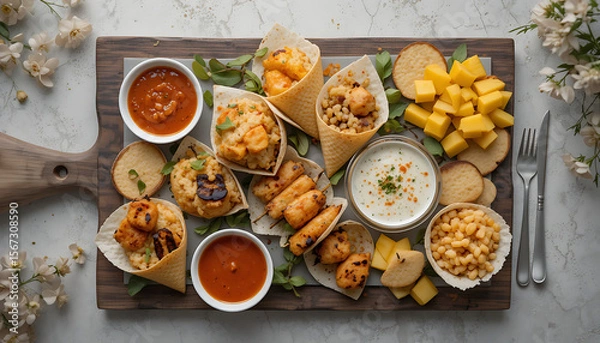 Fototapeta Delicious Food Platter with Grilled Chicken, Rice, Mango, and Dips