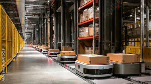 Fototapeta Warehouse robots organizing packages with automated efficiency, high-tech logistics center