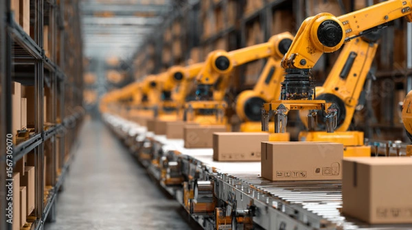 Fototapeta Warehouse robots organizing packages with automated efficiency, high-tech logistics center