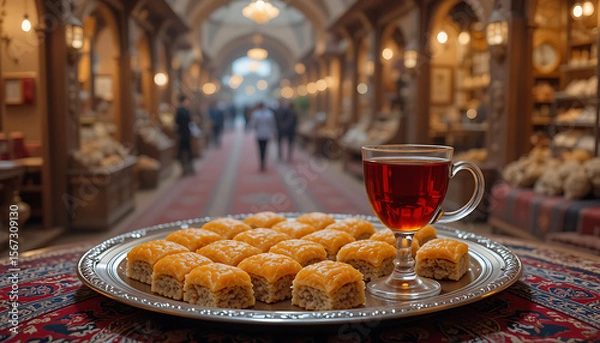 Fototapeta Turkish Delight Baklava and Tea in a Grand Bazaar Setting
