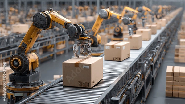 Fototapeta Warehouse robots organizing packages with automated efficiency, high-tech logistics center