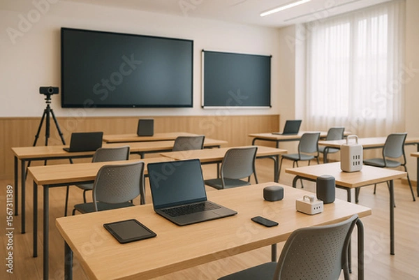 Fototapeta Tech-integrated classroom with individual wooden desks equipped with laptops, tablets, speakers, and portable charging stations. Large black screens and a video conferencing camera setup. 