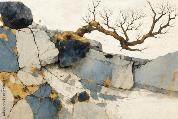 Obraz "Abstract Landscape with Tree and Rocks – Watercolor Painting"