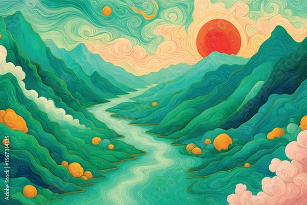 Obraz "Whimsical Flowing River Through Rolling Hills with Vibrant Sunset"