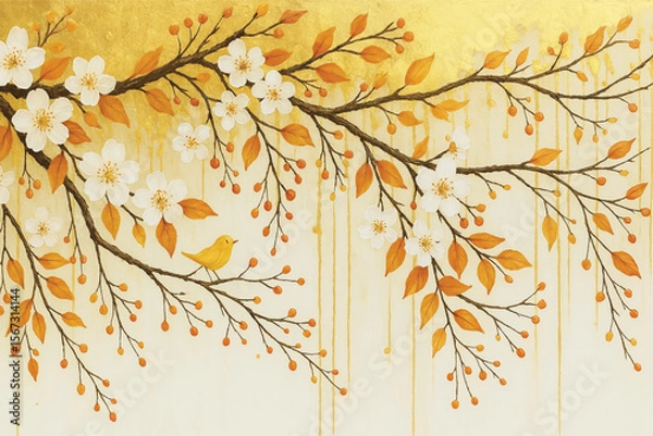 Obraz "Elegant Autumn Blossom with Golden Background and Bird"