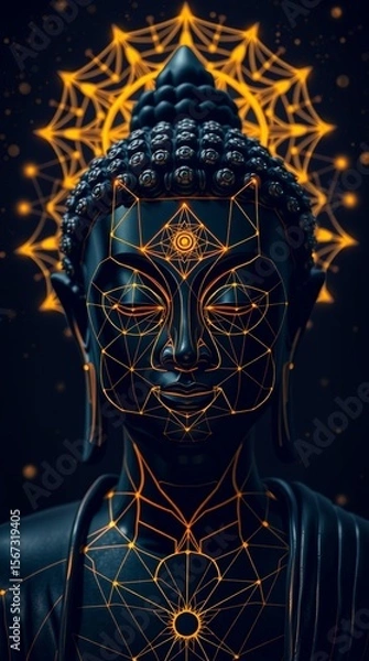 Fototapeta Mystical Golden Buddha with Glowing Sacred Geometry Pattern..
