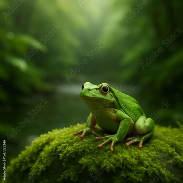 Fototapeta green frog on amossy stone