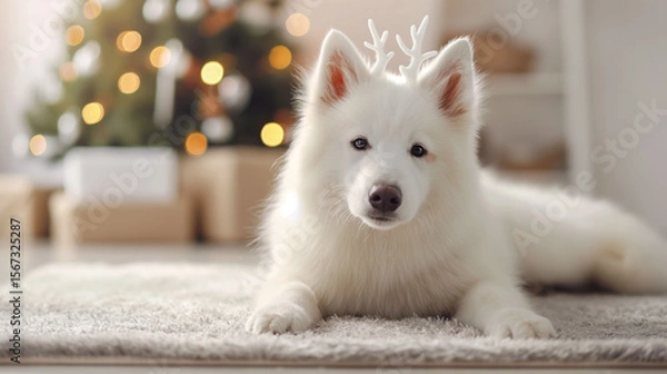 Fototapeta Fluffy Samoyed Dog in Reindeer Antlers Relaxes on a Rug With a Beautifully Decorated Christmas Tree During Golden Hour Indoors
