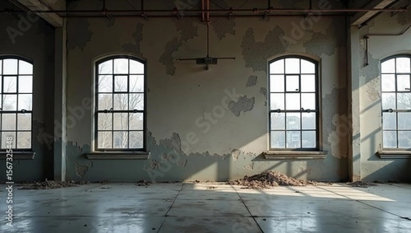 Fototapeta Empty abandoned industrial room with peeling paint, large arched windows and sunlight streaming onto dirty concrete floor