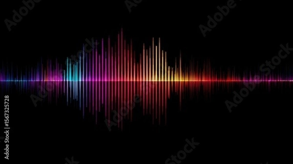 Fototapeta Vibrant waveform bars rising and falling rhythmically in sync to invisible music on a black background.