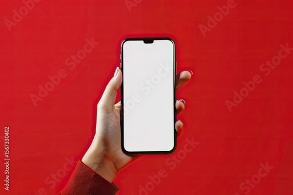 Fototapeta Pixel Perfect Picture of a Hand Holds Mobile Phone with Empty Screen Over Red Background