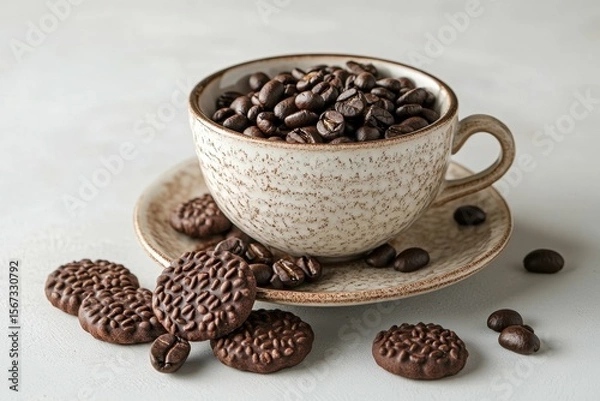 Fototapeta high definition image of coffee cup with coffee beans chocolate and cookies with copy space