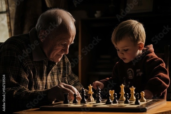 Fototapeta high resolution picture of grandpa teaching grandson chess